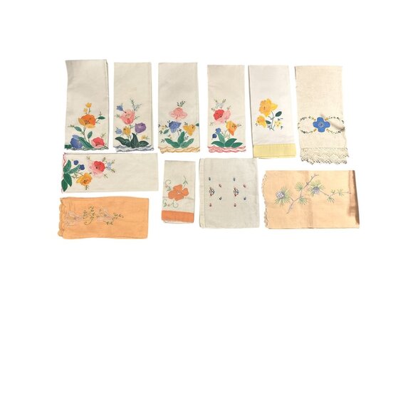 Unbranded Other - Set Of 12 Vintage Linen Floral Embroidered Hand Towels & Table Linens With Scall